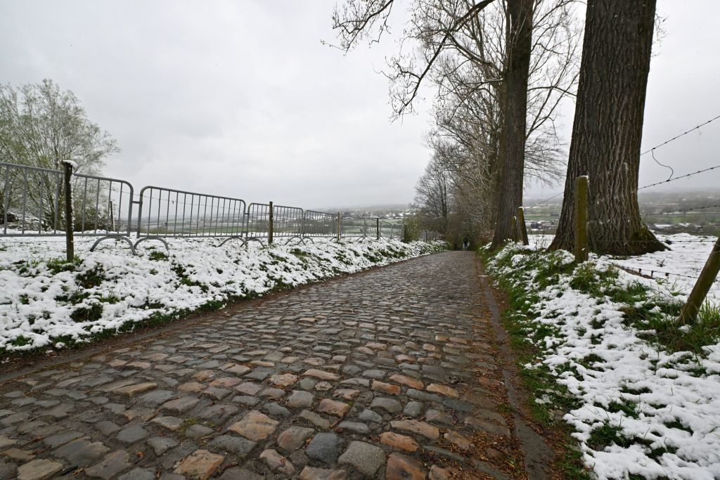 Illustration picture shows snow at the Koppenberg during a training session on the track of the Ronde van Vlaanderen cycling race Friday 01 April 2022 The 106th edition of the cycling race will take place on Easter Sunday 03 April BELGA PHOTO DIRK WAEM Photo by DIRK WAEM BELGA MAG Belga via AFP Photo by DIRK WAEMBELGA MAGAFP via Getty Images