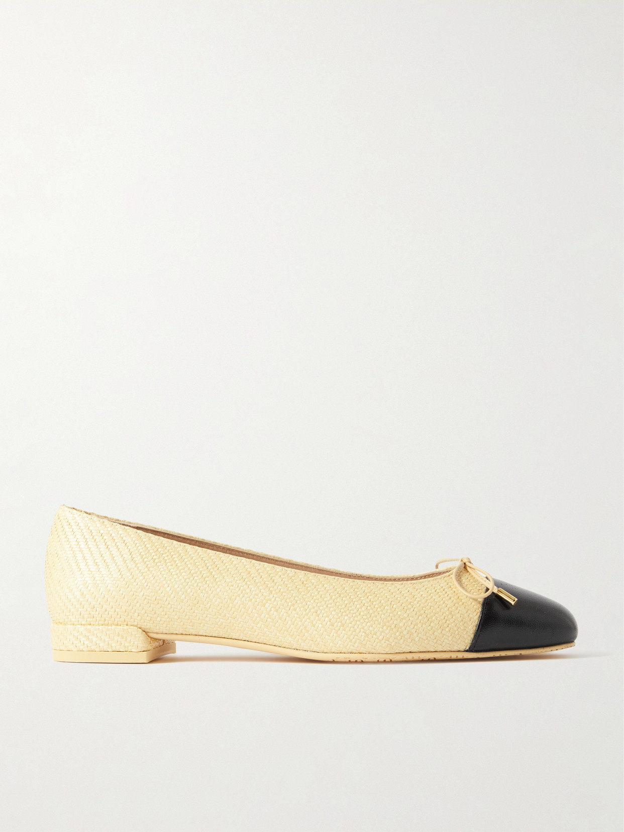 Sleek Bow Leather-Trimmed Raffia Ballet Flats