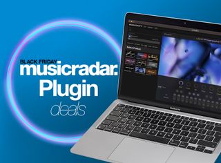 A Macbook with music plugins running on it on a blue background