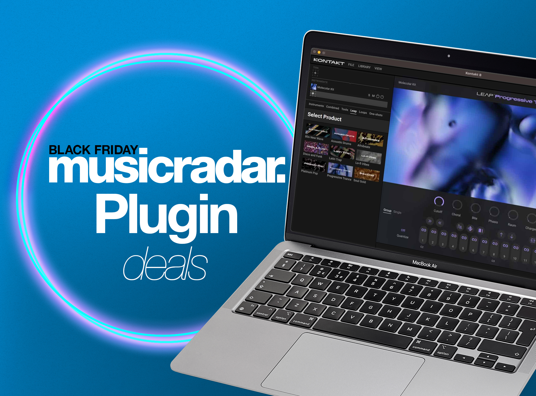 A Macbook with music plugins running on it on a blue background