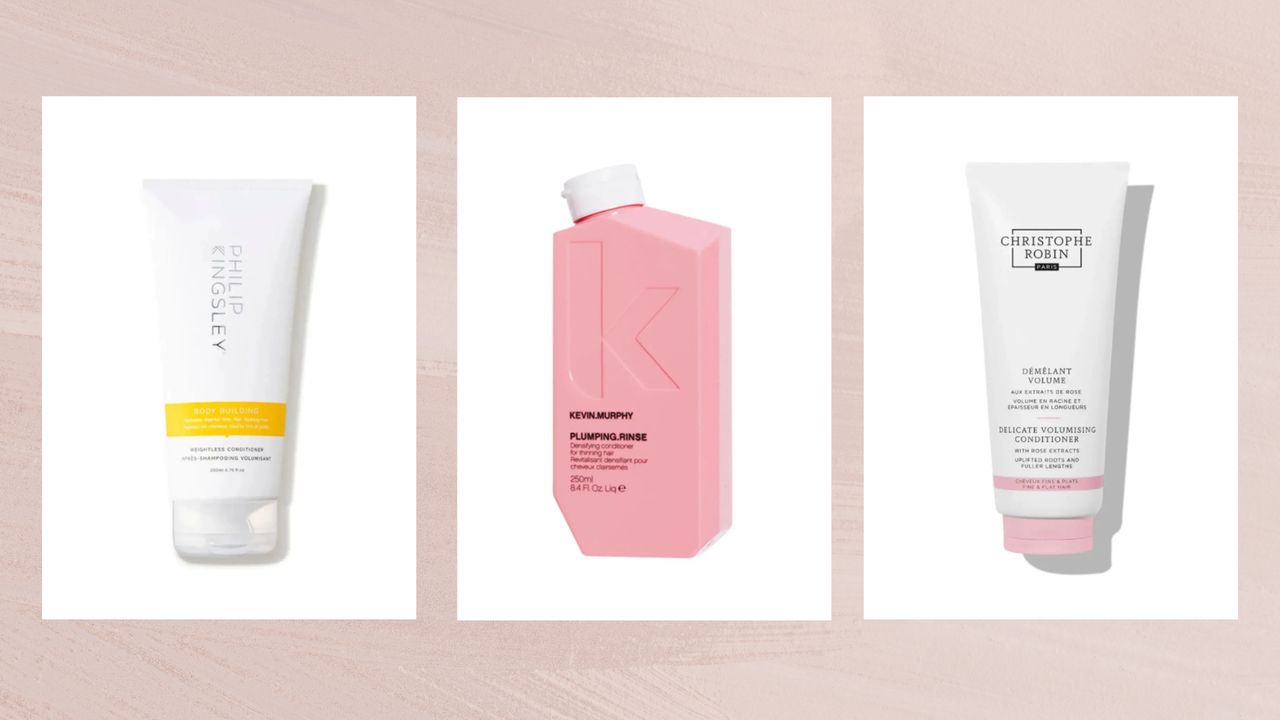 Collage of three of the best conditioners for fine hair featured in this guide from Philip Kingsley, Kevin Murphy and Christophe Robin, in vertical rectangular boxes set against a dusky pink watercolour-style background 