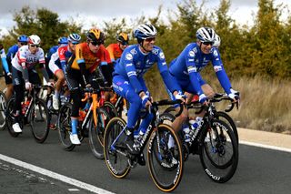 EJEADELOSCABALLEROS SPAIN OCTOBER 23 Zdenek Stybar of Czech Republic and Team Deceuninck QuickStep Michael Morkov of Denmark and Team Deceuninck QuickStep Fred Wright of The United Kingdom and Team Bahrain Mclaren during the 75th Tour of Spain 2020 Stage 4 a 1917km stage from Garray Numancia to Ejea de los Caballeros lavuelta LaVuelta20 La Vuelta on October 23 2020 in Ejea de los Caballeros Spain Photo by David RamosGetty Images