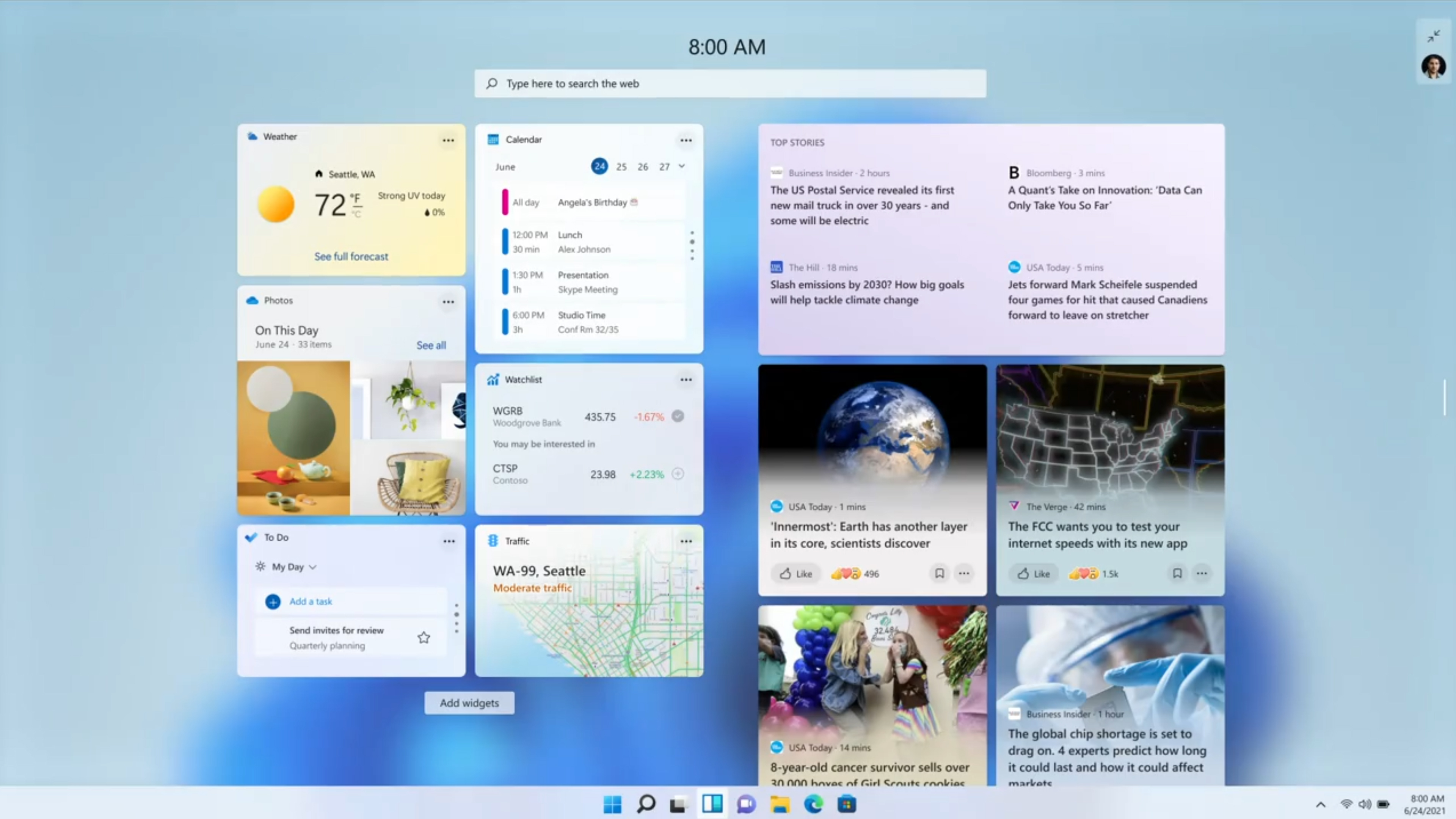Windows 11 виджетов, отображаемых в новой операционной системе Microsoft