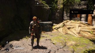 Assassin's Creed Black Flag Resynced Edward standing with his back to a chest next to a pile of palm leaves in Grand Cayman