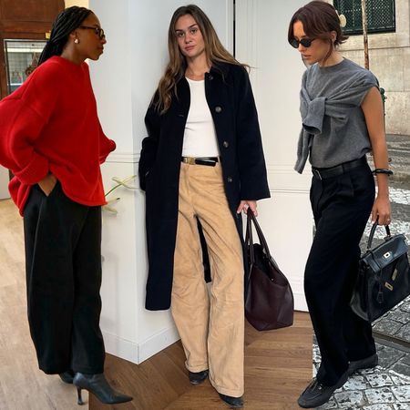 fashion collage of three style influencers including Taffy Msipa, Anne-Laure Mais, and Debora Rosa wearing chic outfits with elevated basics like oversize sweaters, trousers, boots, scarf sweaters, and more