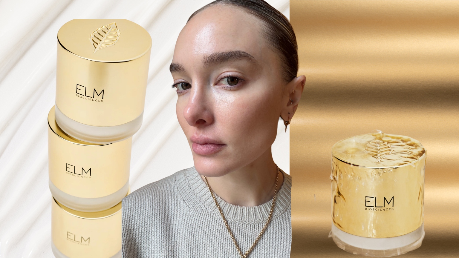 a white woman with glowing skin and her hair pulled back on a white and gold background with gold jars around her