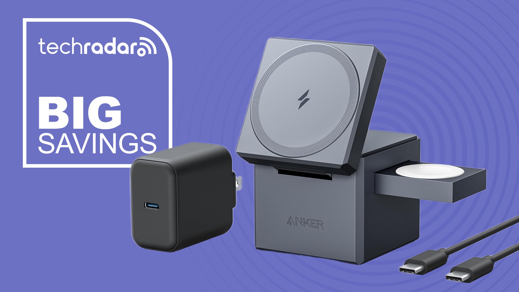 The Anker 3-in-1 Cube charging dock on a purple background next to a TechRadar badge that reads 'Big Savings'