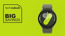 Samsung Galaxy Watch 7 on green background with big savings text overlay