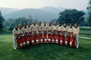 John Jacobs, captain of the European team with Bernard Gallacher, Severiano Ballesteros, Tony Jacklin, Antonio Garrido, Michael King, Brian Barnes, Nick Faldo, Des Smyth, Peter Oosterhuis, Ken Brown, Sandy Lyle, Mark James at the 23rd Ryder Cup Matches on 14 September 1979 at the The Greenbrier in White Sulphur Springs, West Virginia, USA. (Photo by Getty Images)