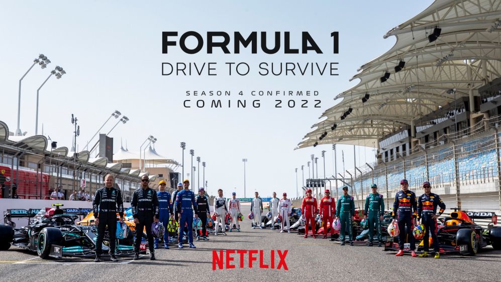 Formula 1 Drive to Survive season 4 image featuring all drivers and race cars 