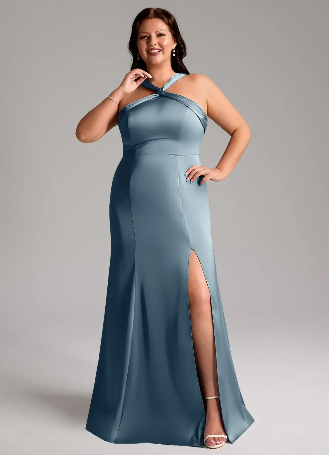 Azazi, Dusty Blue Mermaid Pleated Stretch Satin Dress
