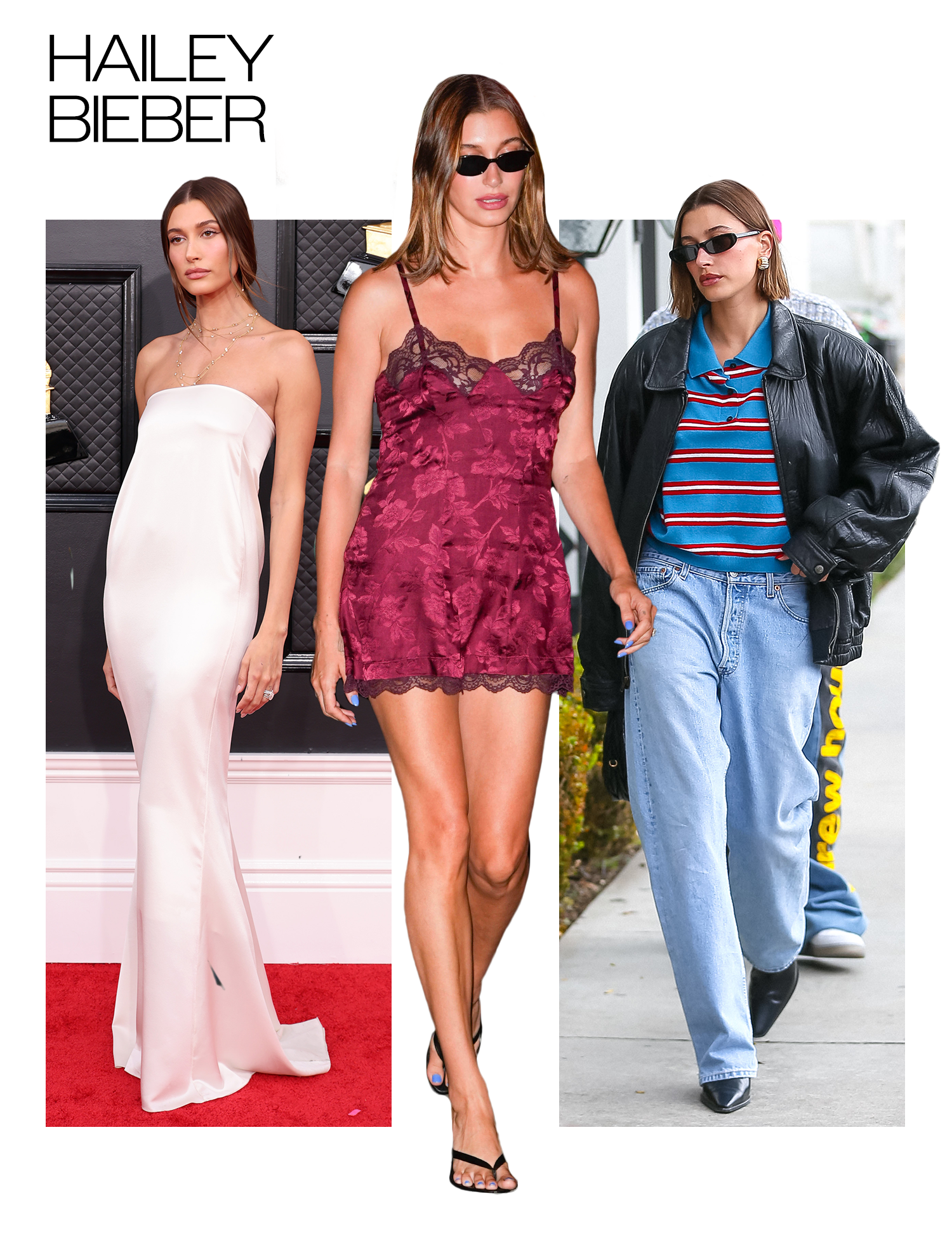 A collage of Hailey Bieber photos that show her style