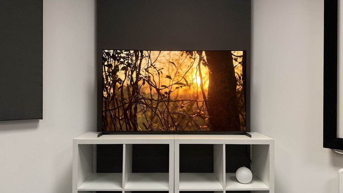 The 55-inch Sony Bravia 8 II QD-OLED TV photographed on a white table. On the screen is a nature documentary.