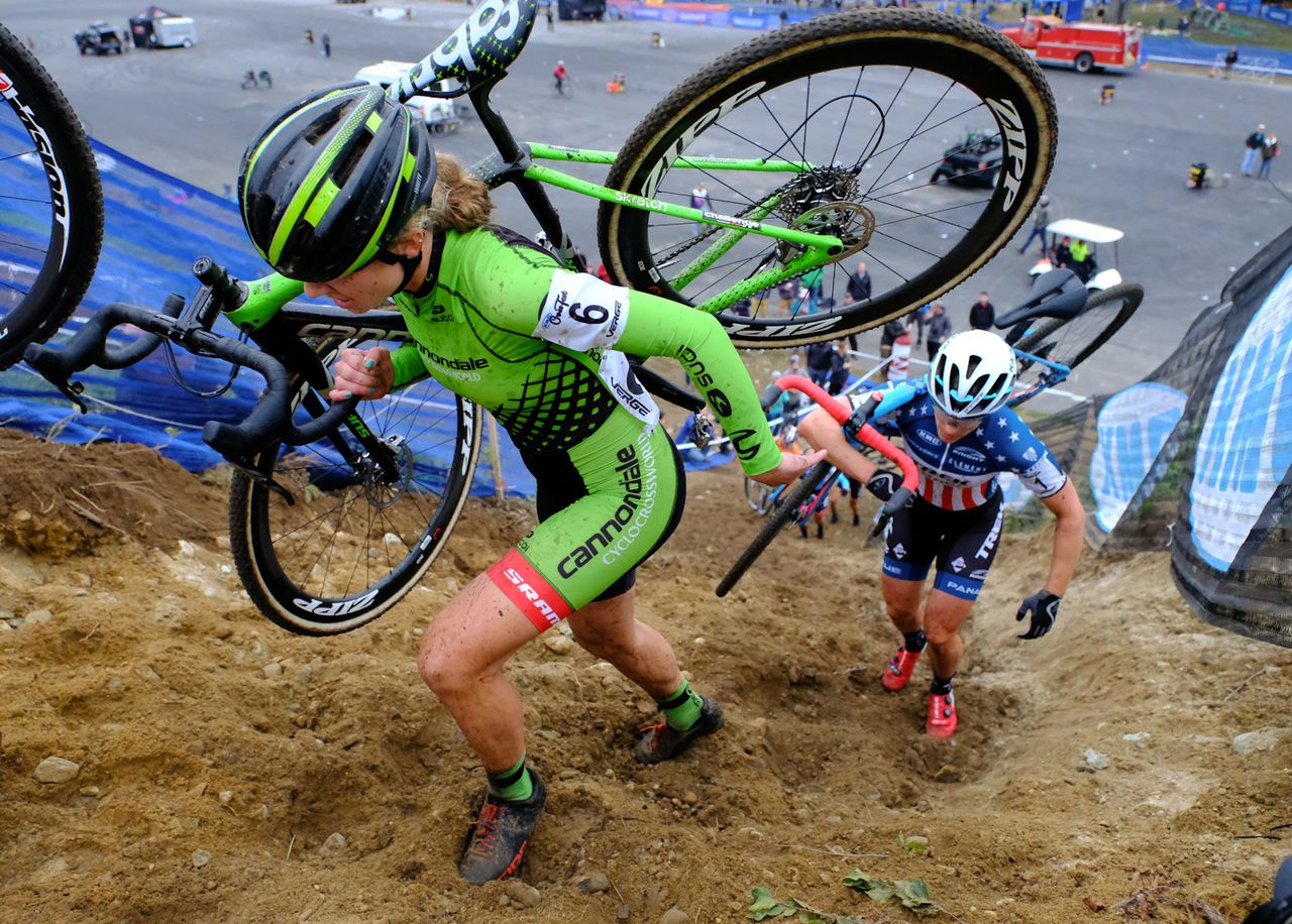 Emma White (Cannondale) on the steep, loose run-up ahead of Katie Compton