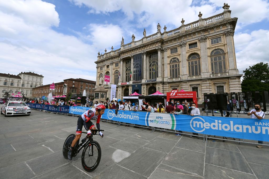 TURIN ITALY MAY 08 Davide Formolo of Italy and UAE Team Emirates during the 104th Giro dItalia 2021 Stage 1 a 86km Individual Time Trial stage from Torino to Torino Palazzo Madama Piazza Castello Public Fans ITT girodiitalia Giro on May 08 2021 in Turin Italy Photo by Stuart FranklinGetty Images