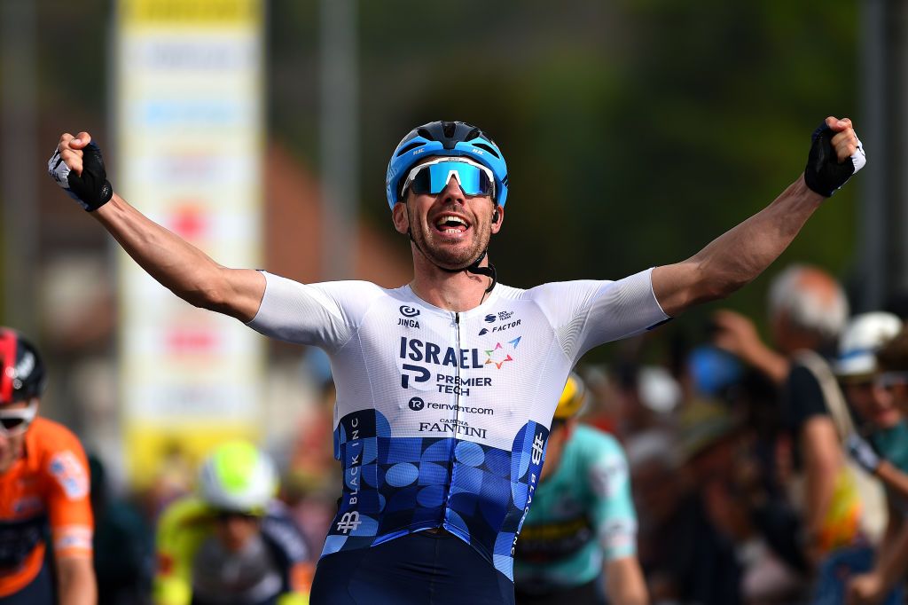 VALBROYE SWITZERLAND APRIL 29 Patrick Bevin of New Zealand and Team Israel Premier Tech celebrates at finish line as stage winner during the 75th Tour De Romandie 2022 Stage 3 a 1651km stage from Valbroye to Valbroye TDR2022 on April 29 2022 in Valbroyeon Switzerland Photo by Dario BelingheriGetty Images