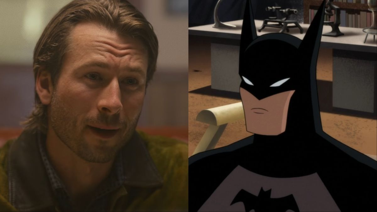 Glen Powell in hitman, Batman in caped crusader