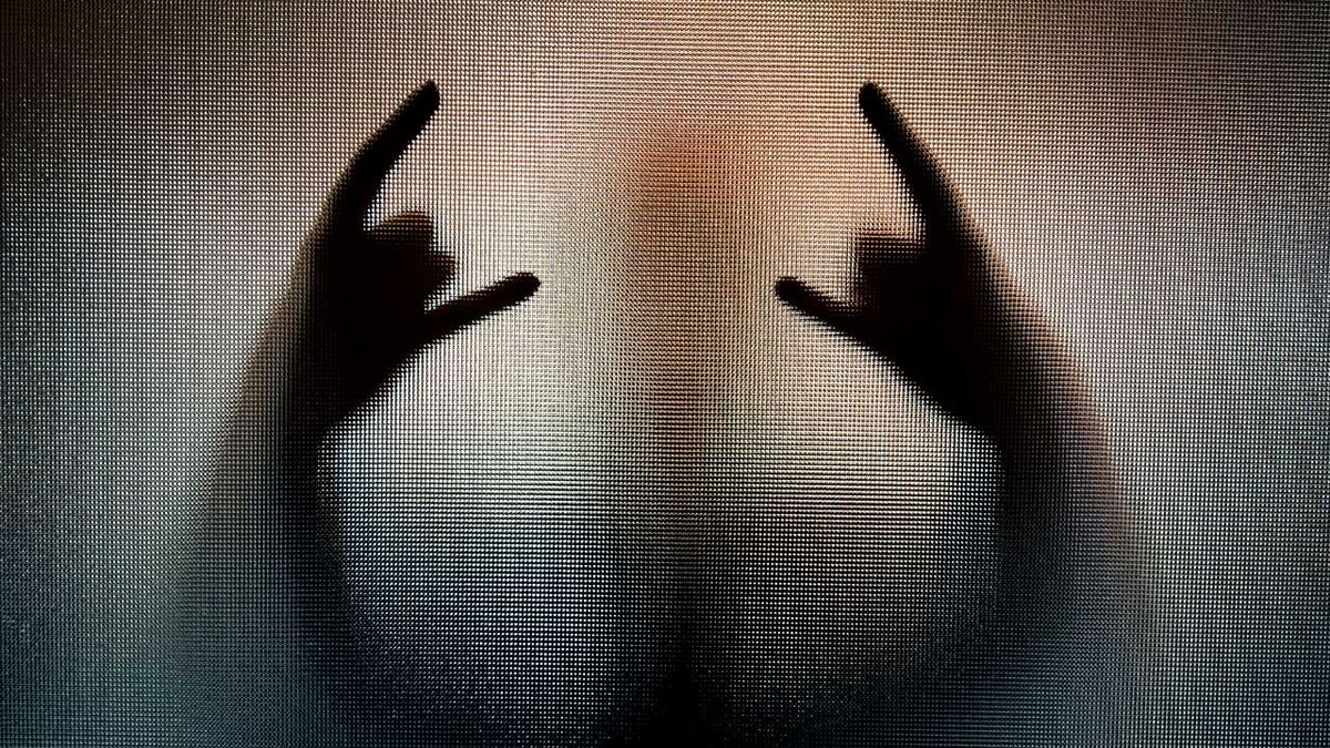 The shadow silhouette of a person performing the heavy metal sign of the horns hand gesture, behind frosted glass. 