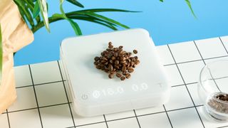 the acaia pearl s coffee scale with an LED screen, on/off, tare button with slip-proof feet and a premium white exterior plastic casing photographed against the tom's guide blue background