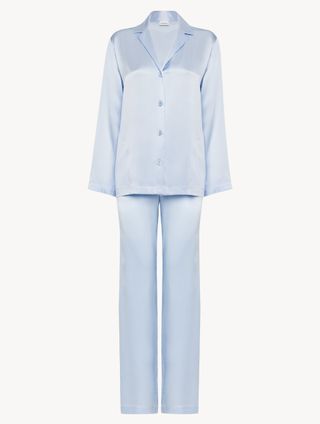 A light blue silk pajama set.