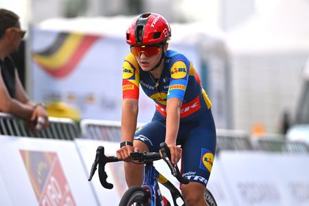ZOTTEGEM BELGIUM JUNE 23 Fleur Moors of Belgium and Team Lidl Trek crosses the finish line during the 105th National Championships Belgium 2024 Womens Road Race a 123km one day race from Sint Lievens Houtem to Zottegem on June 23 2024 in Zottegem Belgium Photo by Luc ClaessenGetty Images