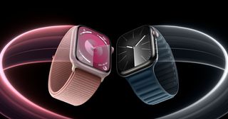 Pink and Blue banded Apple watch series 9 on black background with pink and blue halo loops around the watches