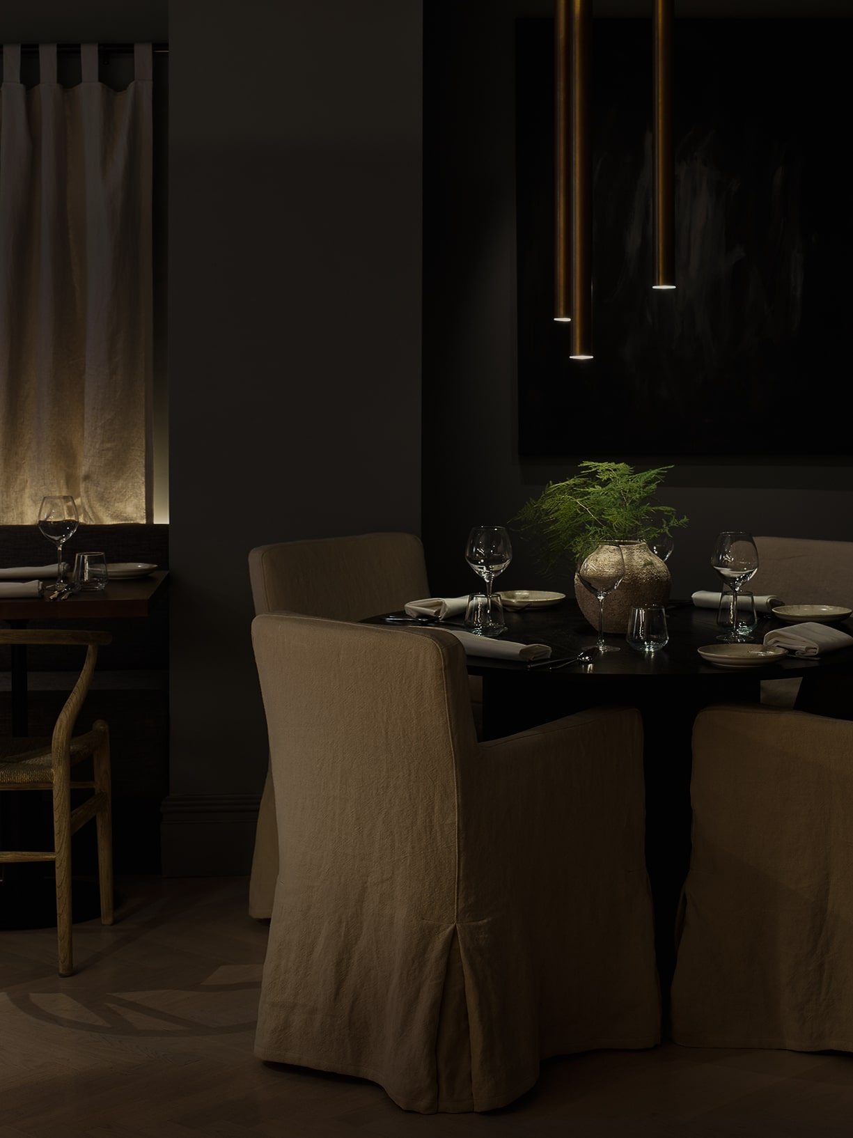 dimly lit restaurant interior