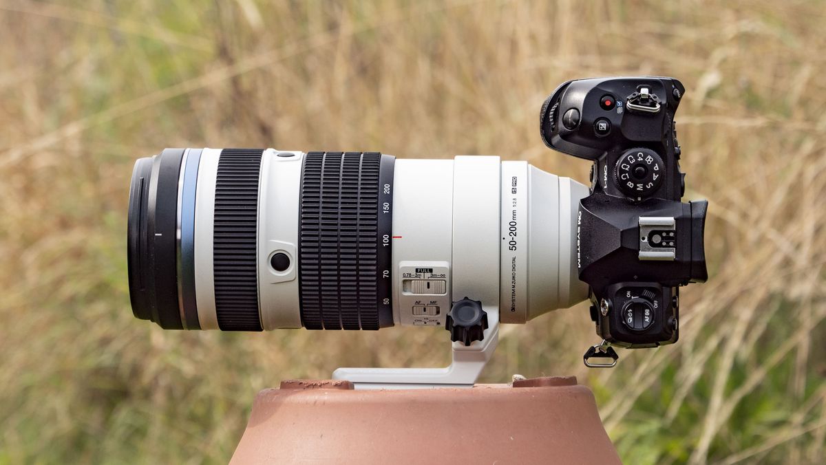OM System M.Zuiko Digital ED 50-200mm F2.8 IS Pro lens attached to an OM-1 II, outdoors with long grass in the background