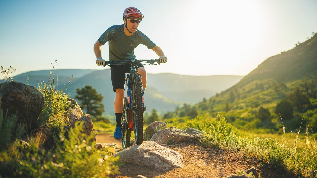 A MTBer riders over a rock on a singletrack trail