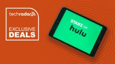 A tablet with the Starz on Hulu logo displayed next to the words 'exclusive deals'