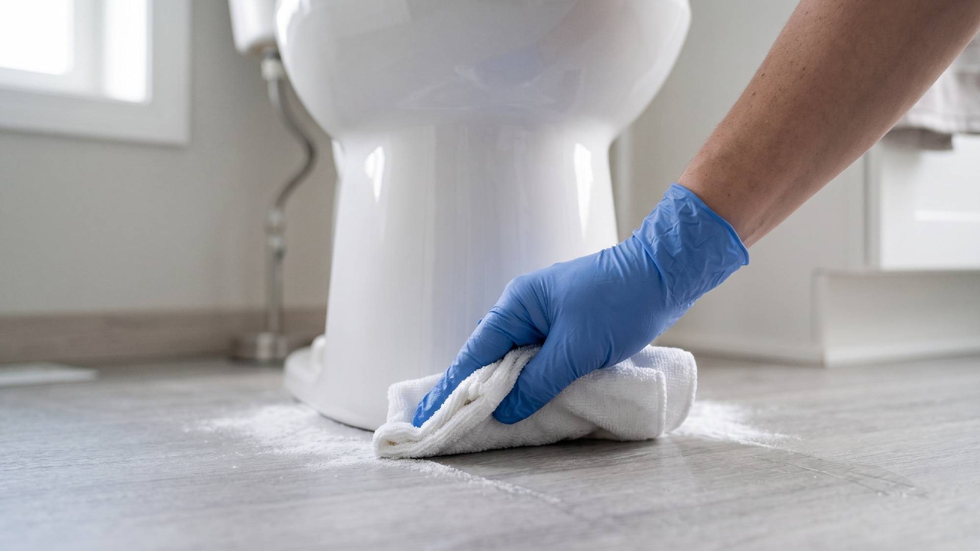 Wiping up baking soda at toilet base