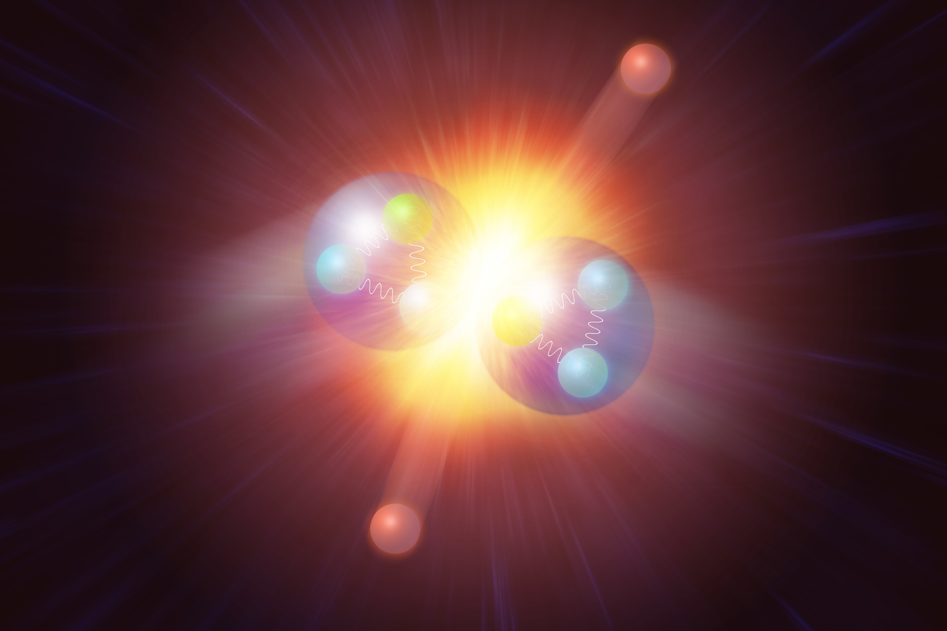 an illustration of two subatomic particles colliding to create two Higgs bosons