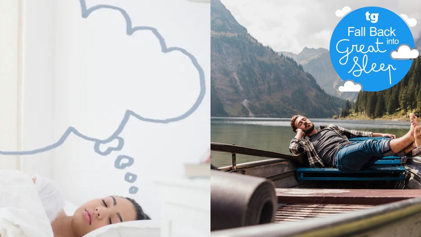 A woman sleeping with a thought bubble coming out of her head next to an image of a man sleeping on a canoe