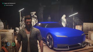 A young James Bond character in a floral shirt stands beside a vivid blue Jaguar EV in a dimly lit warehouse setting surrounded by classical statues, in a screenshot from the video game 007 First Light.