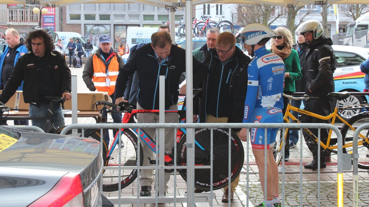 No matter how good it is, how fast it is or how well it fits, nothing is getting onto the starting ramp without the UCI signing off on it. Here, a bike is placed in a UCI jig to ensure compliance.