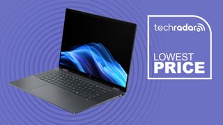 THe HP OmniBook X Flip on a purple background with text saying Lowest Price.