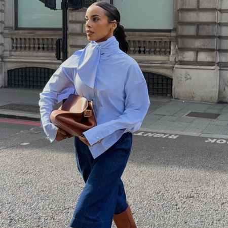 Rochellehumes wears a scarf blouse outfit 