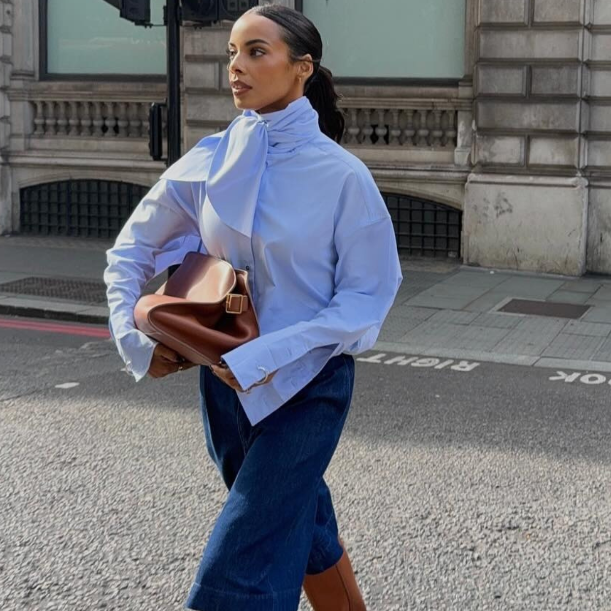 Rochellehumes wears a scarf blouse outfit 
