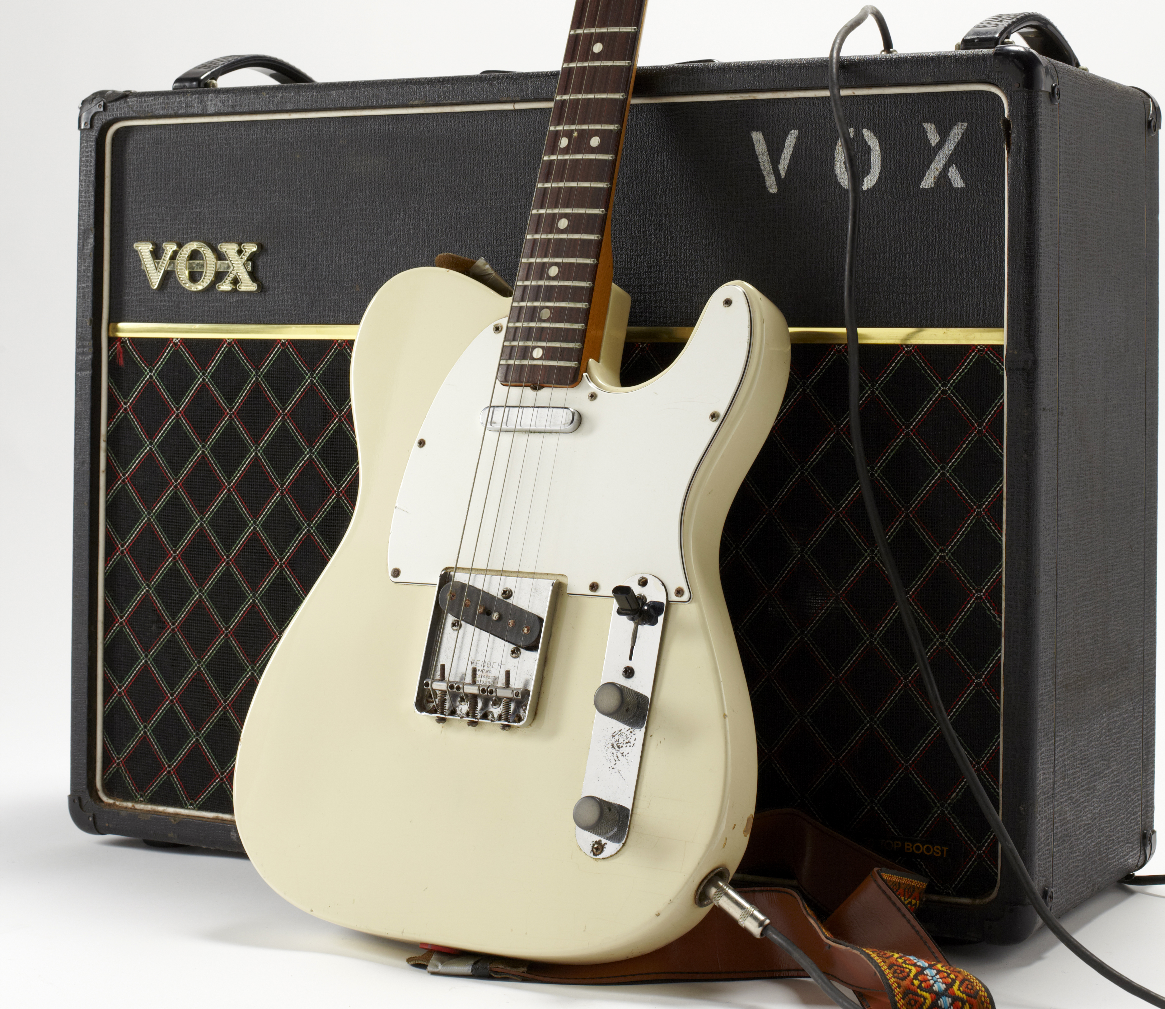 Rory Gallagher's 1966 Fender Telecaster, laid against his Vox AC30 amplifier