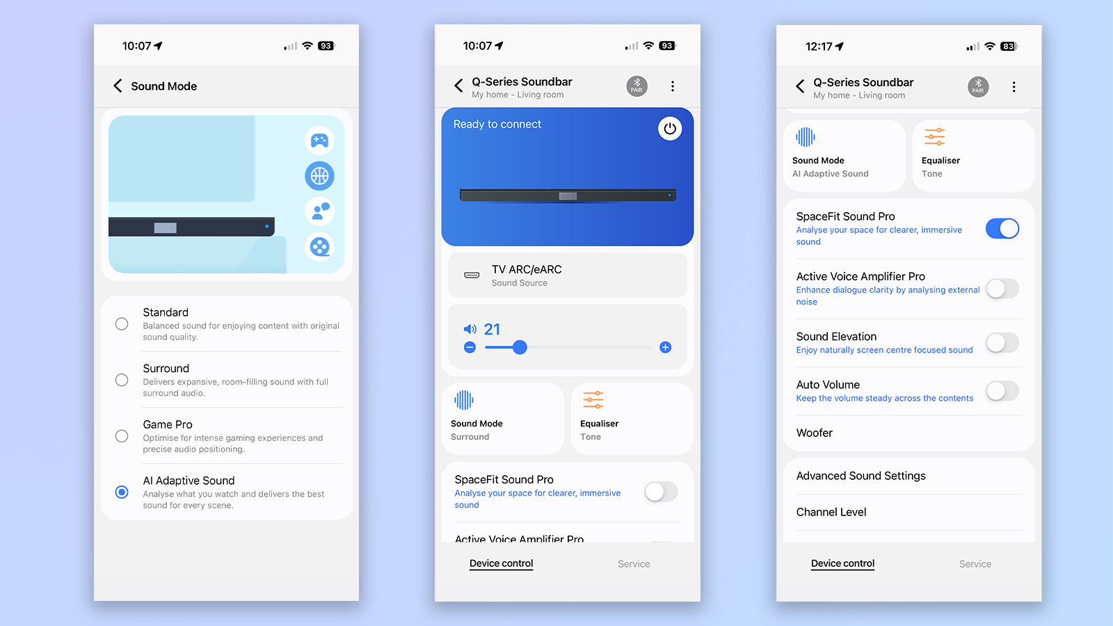 three screenshots from the samsung smart things app