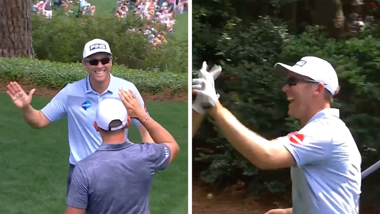 Screenshots of Seamus Power&#039;s two hole-in-one celebrations