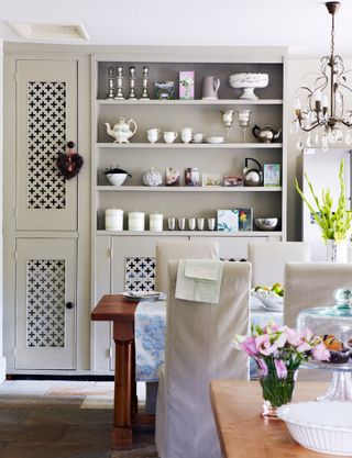 Dining area of French country-style Georgian farmhouse kitchen