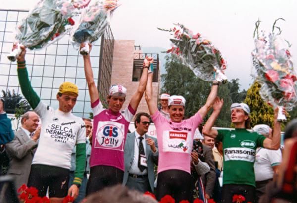 Final jersey holders at the 1987 Giro (l-r): Roberto Conti, Johan van der Velde, Stephen Roche and Robert Millar.