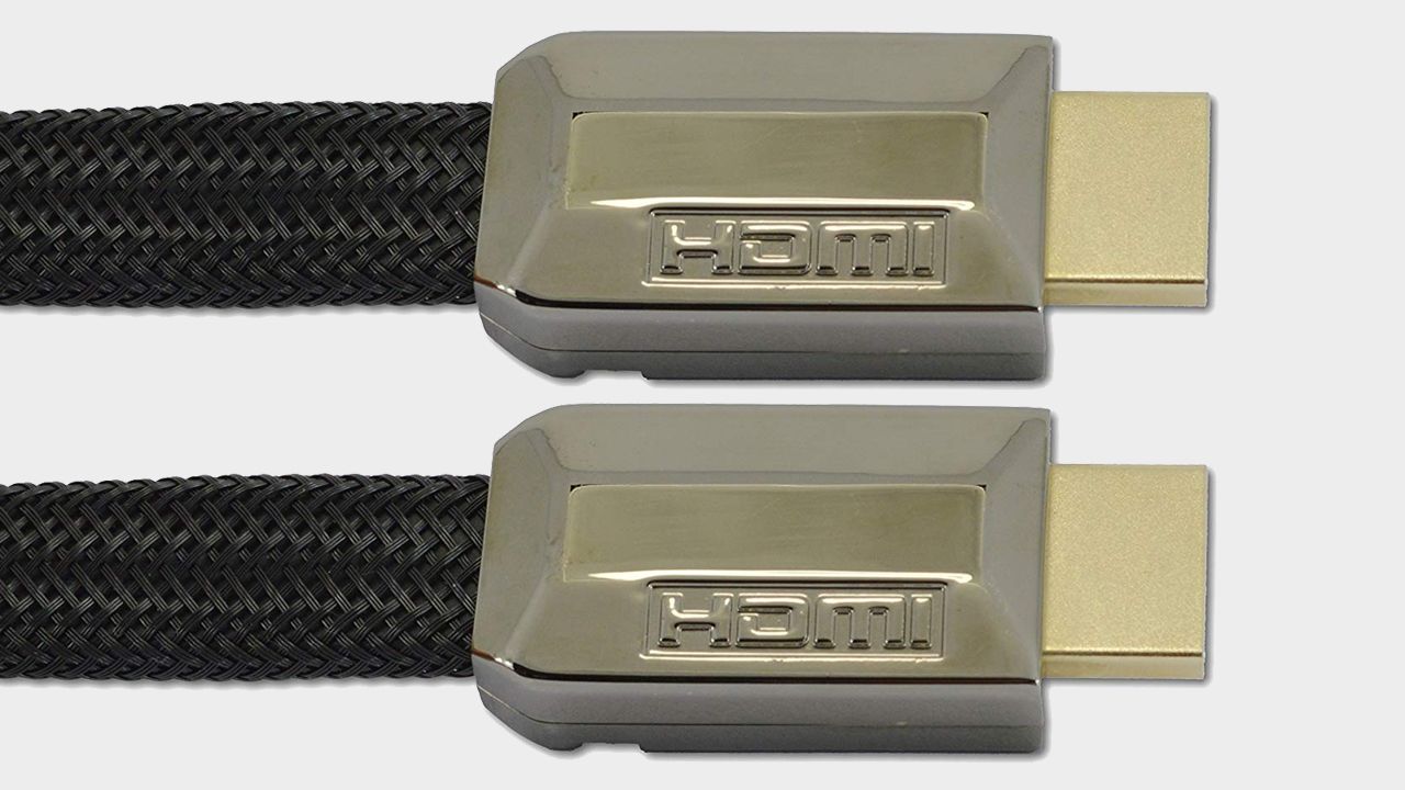 Close-up of Rhinocables HDMI cable with grey backdrop.