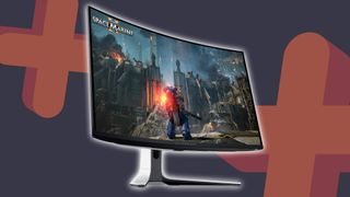 Alienware AW3225QF monitor with glowing outline and navy backdrop with orange plus symbols