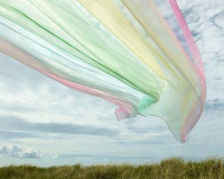 Peter Saville Kvadrat rainbow coloured curtain in translucent fabric