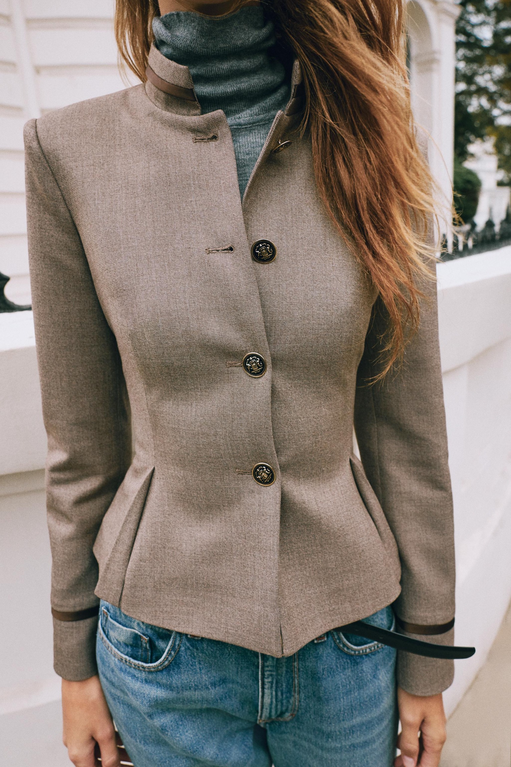 Peplum Blazer With Trims - Taupe Brown - Xs