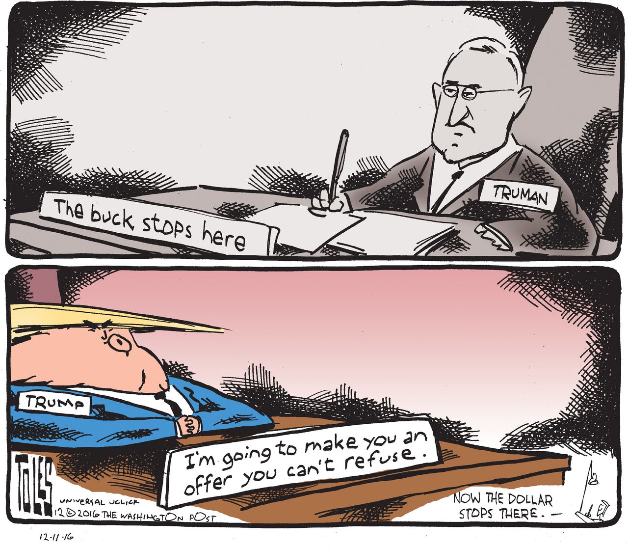 Political cartoon U.S. Donald Trump vs Harry Truman policy