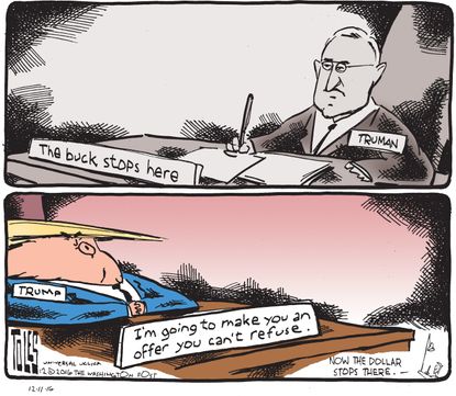 Political cartoon U.S. Donald Trump vs Harry Truman policy