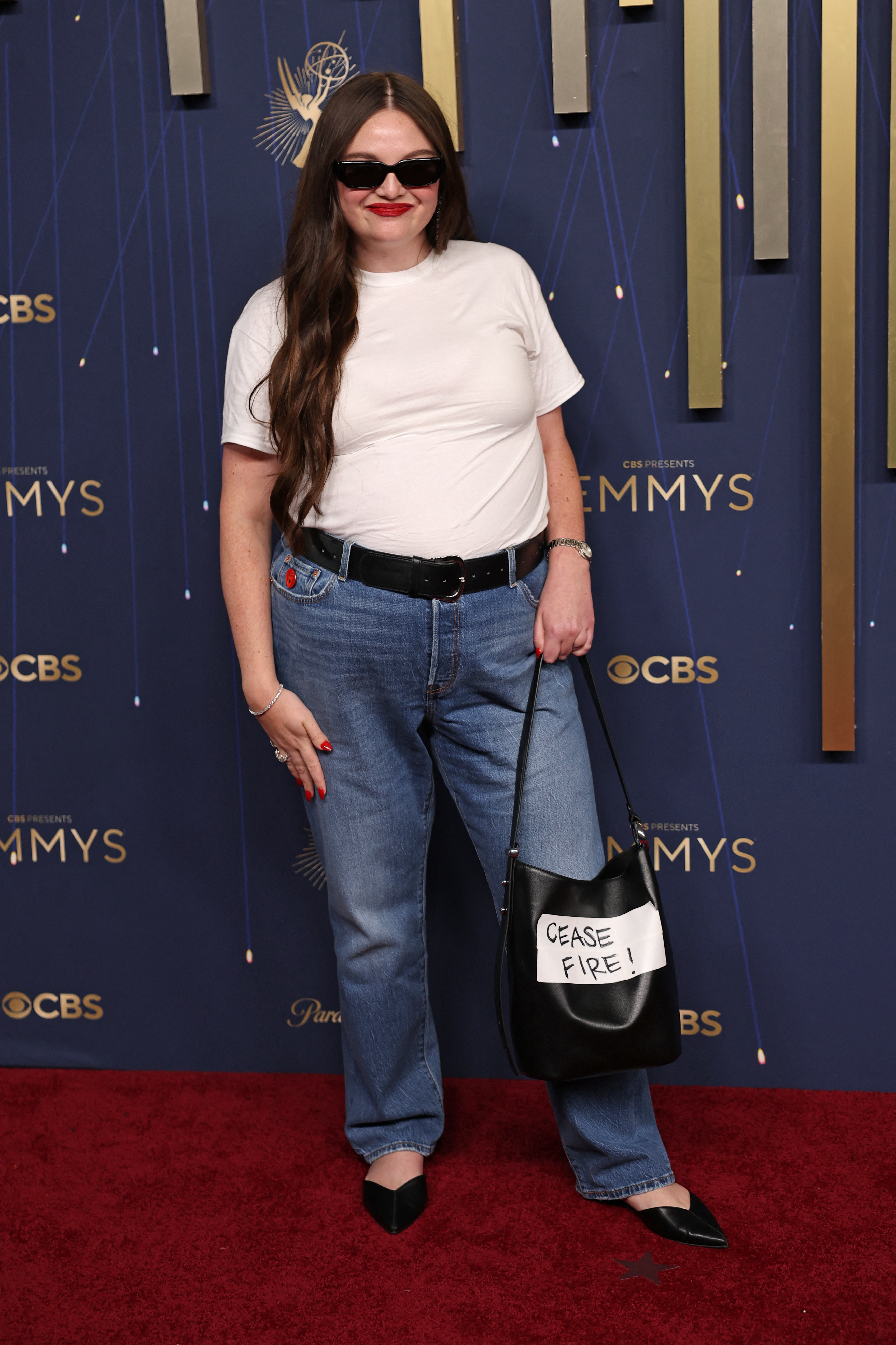 US actress Megan Stalter arrives for the 77th Primetime Emmy Awards at the Peacock Theatre at LA Live in Los Angeles on September 14, 2025.